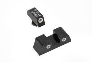 Trijicon Bright & Tough night sights for Glock 42/43 handguns feature bright white outlines around bright green Tritium lamps.